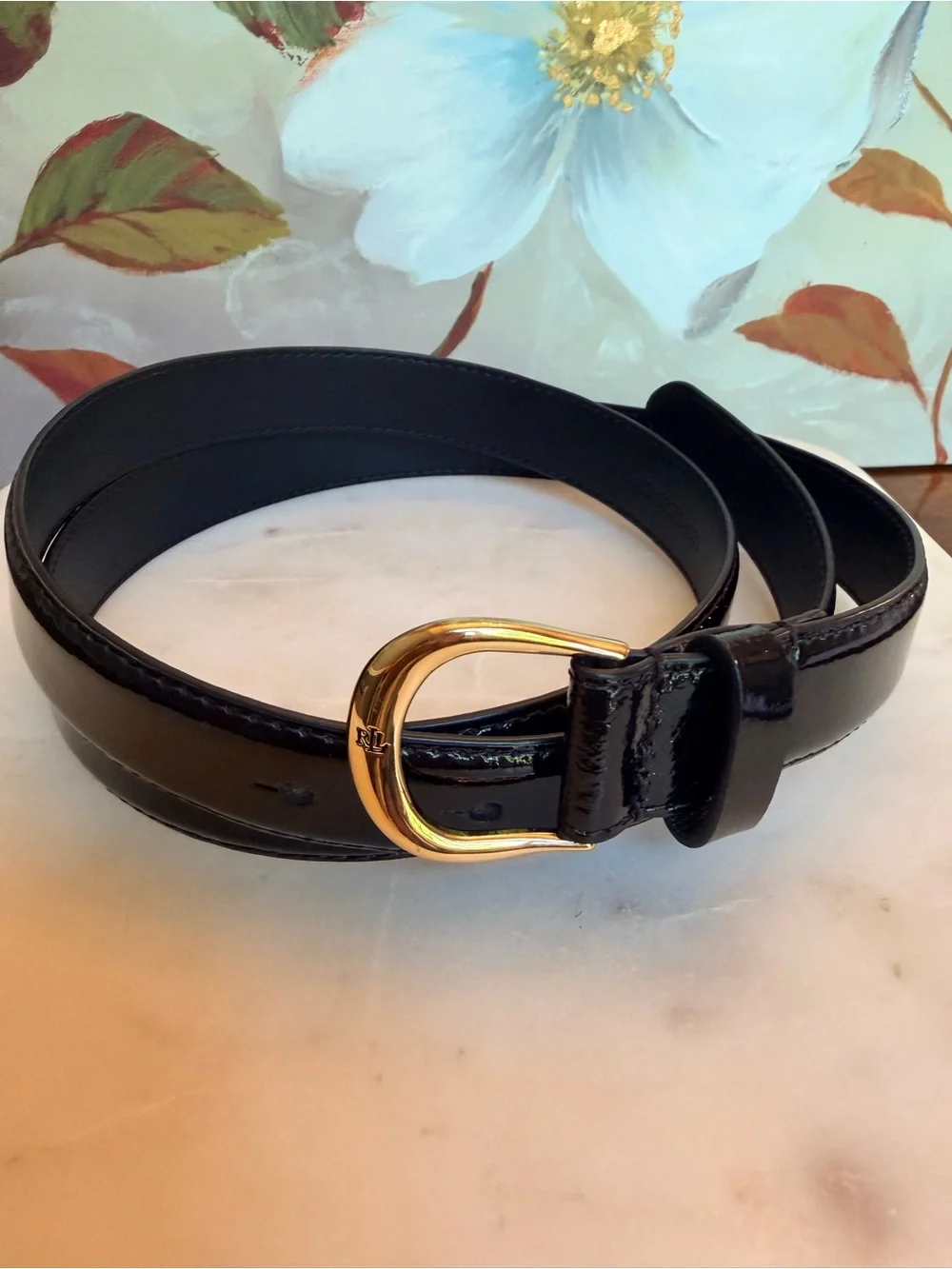 Lauren Ralph Lauren Black Patent Belt with Gold LRL Buckle, size Large (NWOT)